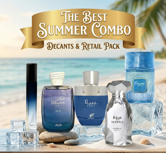The Summer Money Saver Combo Pack of 4 - Rasasi Hawas Ice , Afnan Rare Reef , Riiffs Freeze & Arabiyat Marwa